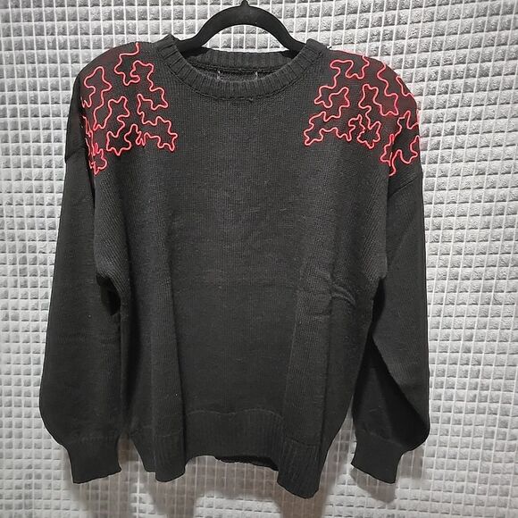 VTG 80s Black Art Sweater SzXL Shoulder Pads Abstract Red Goth Punk Rock Witchy - Picture 1 of 9
